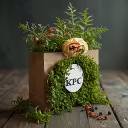 a small cardboard bag filled with flowers and foliage