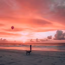 person walking dog on beach in front of sunset,a person with a dog on the beach during sunset