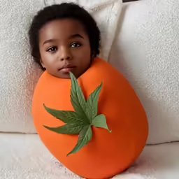 a little girl sitting on a bed with a big cushion