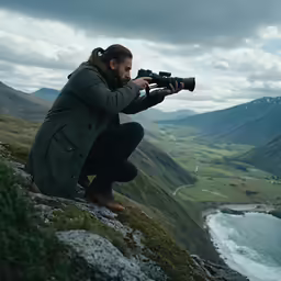 man photographing mountains and valleys during cloudy day