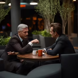 two men sit at a table talking to each other