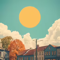 a group of buildings with a full sun above them