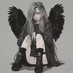a woman with long blonde hair wearing boots and wings