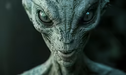 an alien looks to the side with eyes wide open