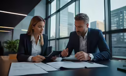two people in business suits looking at papers