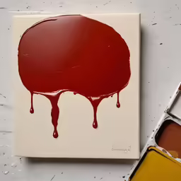 a painting on the wall with a red paint dripping off of it