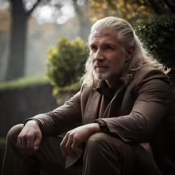 a long - haired man with gray hair and beard sitting outside