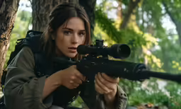 a woman in a jacket holds an ak47 while she looks at the camera