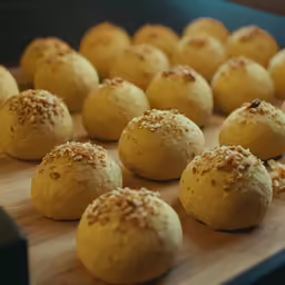 a counter filled with bread covered in toppings