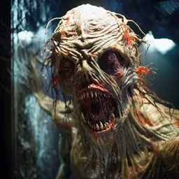 there is a creepy man wearing red and orange hair,a close up shot of a zombie like creature