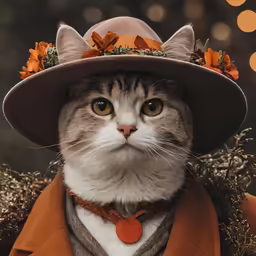 a cat with a hat and tie on top of it