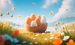 an egg shell with four eggs in the grass