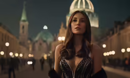 a beautiful woman standing in front of some buildings