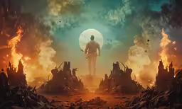 man standing on top of a field of debris next to giant objects