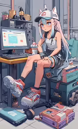 an anime character sitting in front of some electronics