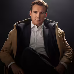 a man in suit jacket sitting on a chair with black background