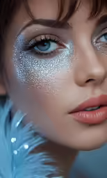 closeup of blue eyes and white feathers