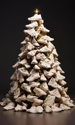 a christmas tree made out of rocks and lit