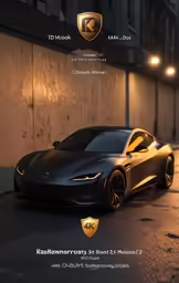 the front view of a dark sports car with golden accents