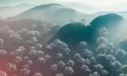 a misty picture of a green landscape with trees and fog