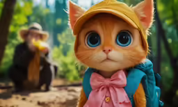 a cat dressed in blue and pink standing next to a man in a bear costume