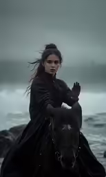 a woman dressed in black rides a horse