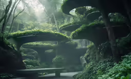 green, spooky structures and plants are in a jungle