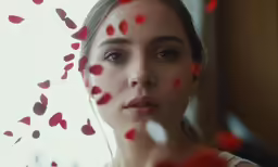 a woman looking into a mirror and confetti falling off of her head