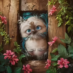 a boy with blue eyes laying in a flower box