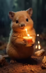 an animal holding a lit candle in its paws