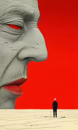 a painting shows a man wearing a suit and red lips