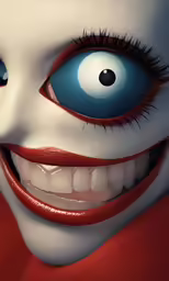 the clown face is seen with big blue eyes