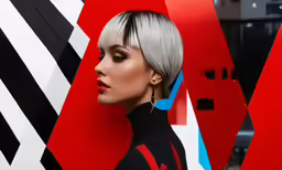 an attractive woman with blond hair and black clothes, with a gray and red wig