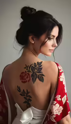 a woman wearing red and white is tattooed with a black flower on her back