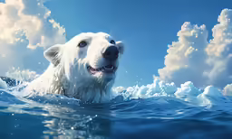 a large white dog swimming through a body of water