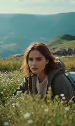 the woman is laying in a field with a backpack on her shoulder