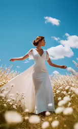 a woman standing in the middle of a field