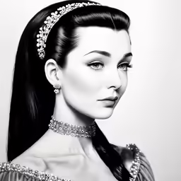 a drawing of a woman in evening dress with crystal jewelry and large pearls