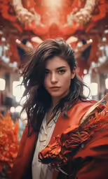 the girl in orange stands in front of orange feathers