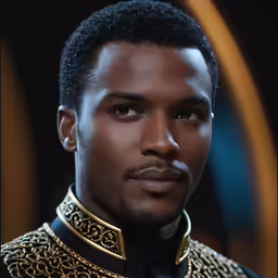 an african american male wearing a fancy gold and black outfit
