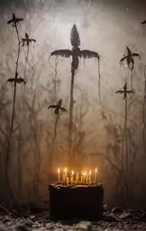 a bird sits atop a cake with lit candles