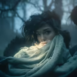 a woman wrapped up in blanket with long hair