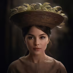 a woman in a brown dress is wearing a large hat