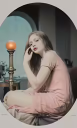 a woman in a pink shirt is sitting next to a lamp