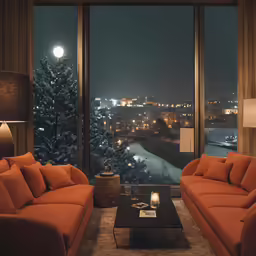 a living room has a couch, coffee table and lamps