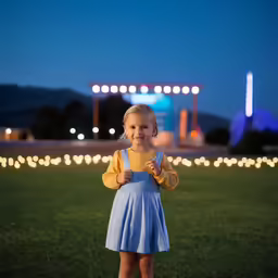 a little girl standing in the grass in front of some lights