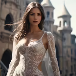 a woman posing for a photo with a big dress