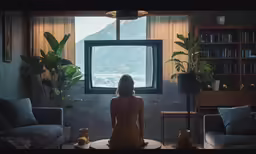 a woman sitting in front of an open window next to a couch