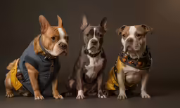 three dogs in leather outfits posing for a photo