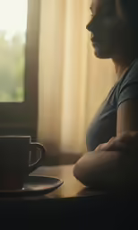 a woman with her arms folded sitting in front of a cup